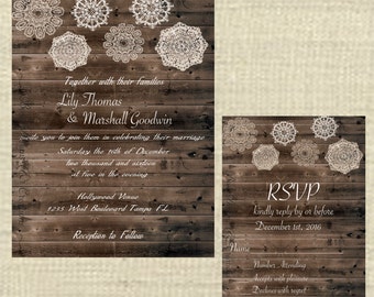 rustic lace wedding invitation and rsvp