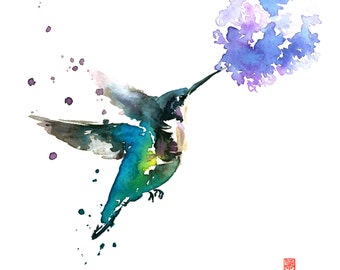 ORIGINAL Hummingbird and Lilac Watercolor Painting - 9" x 10" (22.9cm x 25.4cm)