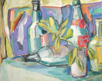 Expressionist still life bottles gouache painting