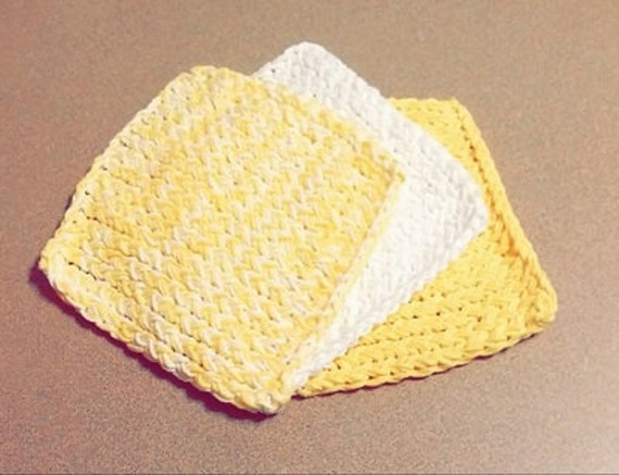 Wash Cloth Set of 3 Solid and Blended in Yellow and White Cotton Yarn