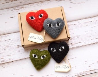 Needle felted brooch, heart with eyes, high quality brooch
