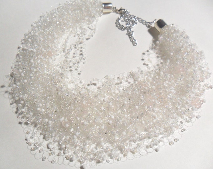 Rose quartz white necklace multistrand crochet bride bradesmaid white casual airy unusual cobweb gift for her natural stone wedding jewelry