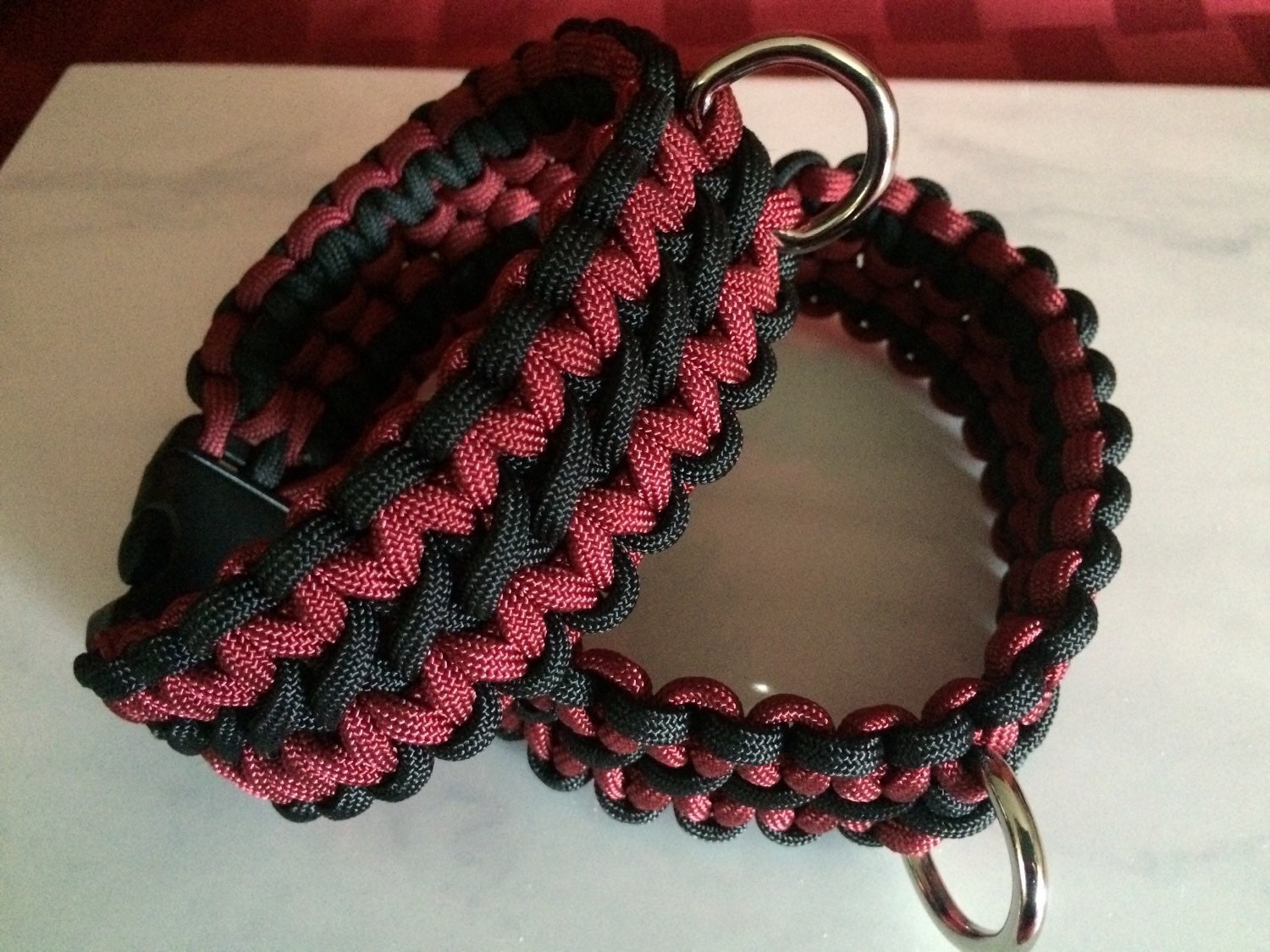 Sultry submissive ankle paracord restraints Black and Burgundy
