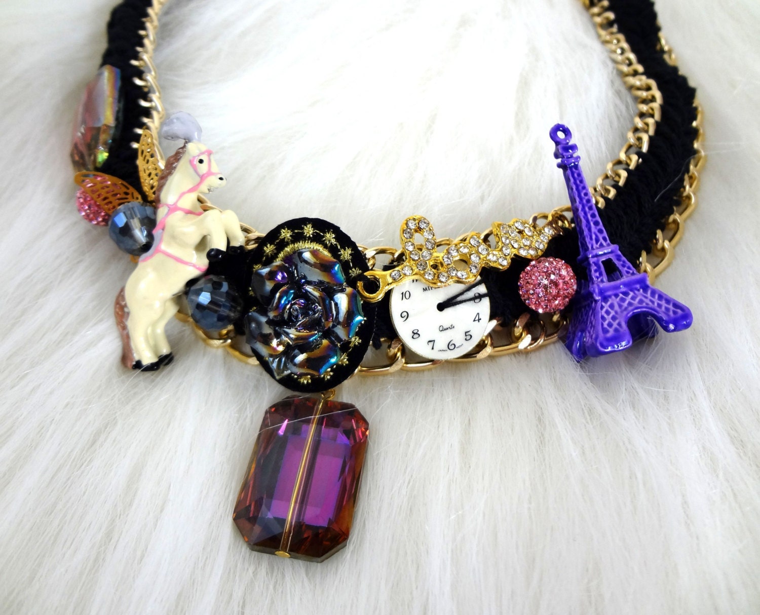 Kitsch Statement Necklace Horse Clock Unique by BoutiqueMipenna