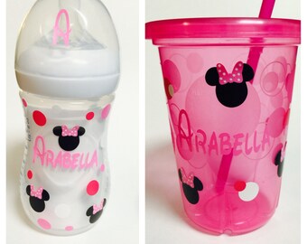 Minnie Mouse Vinyl-Personalized Baby Bottle- Kids Cup Decal-Snack Cup Decal- Sippy Cup Decal- School Name Labels- Daycare Name Labels-
