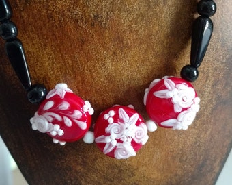 Lampwork Floral Beaded Necklace in Red, White, and Black, White Rose Necklace, Floral Beaded Necklace
