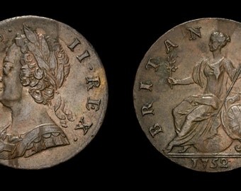 Antique English Coin Genuine George II Copper Half Penny 1752, British, Georgian, Old