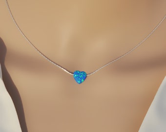 Heart Opal Necklace / Charm Necklace / Gold, Sterling Silver Chain / Tiny One 10mm Opal / Gift For Her / Opal Jewelry