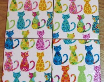 MICHAEL MILLER Shabby Chic - Set of 2 or 4 Ceramic Coasters - Rainbow Calico Cats Fabric - Handmade