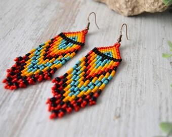 Long Indian style beads earrings, boho style, Native American Beaded Earrings