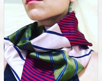 Multicolored green red blue pink striped jacquard silk infinity scarf