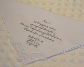 Wedding Handkerchief, Mother of the Bride Handkerchief, Personalised Embroidered Handkerchief, Wedding Hanky, Wedding hankerchief