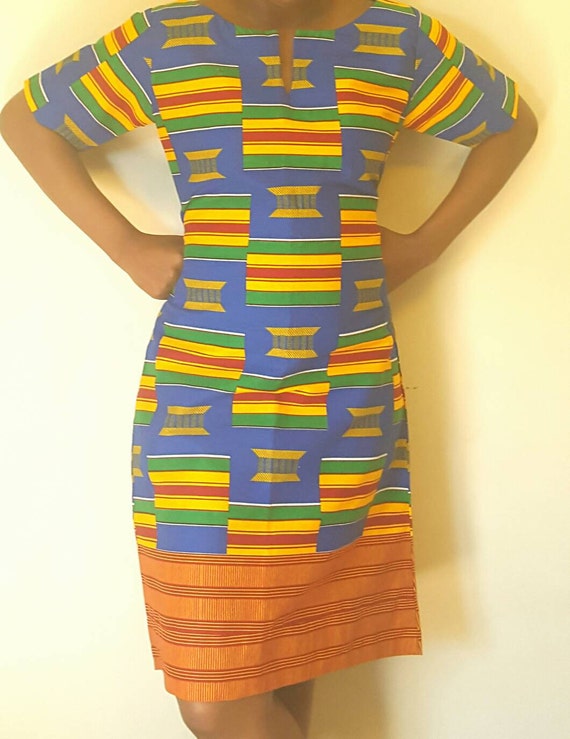 African kente print short sleeve dress Handmade by GiftAfrique