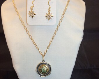 Necklace and Earrings: Gold and Turqoise Designed Pendant