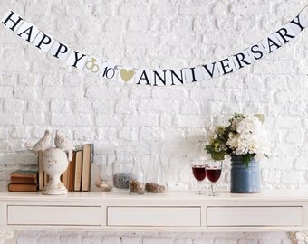 Anniversary banners for cheap Happy Anniversary Sign Add Year Embossed Cream and Gold