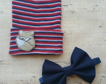 Baby boy hat set - baby bowtie - baby boy gift set - newborn boy hat - newborn bowtie set - boy hospital hat - navy bowtie - fox baby hat