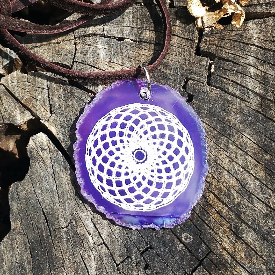 Sliced agate pendant laser engraved sacred by NaturalStateArts