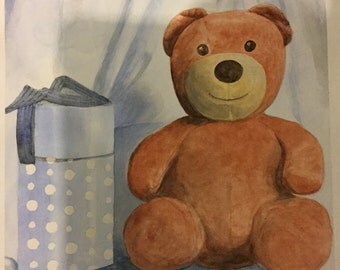 original watercolor painting, bear, brown,yellow, still life, 10x14inches, TeddyBear