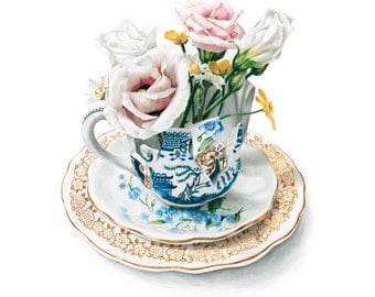 Teacup drawing | Floral Art Print | Flowers Wall Art | Print from original drawing