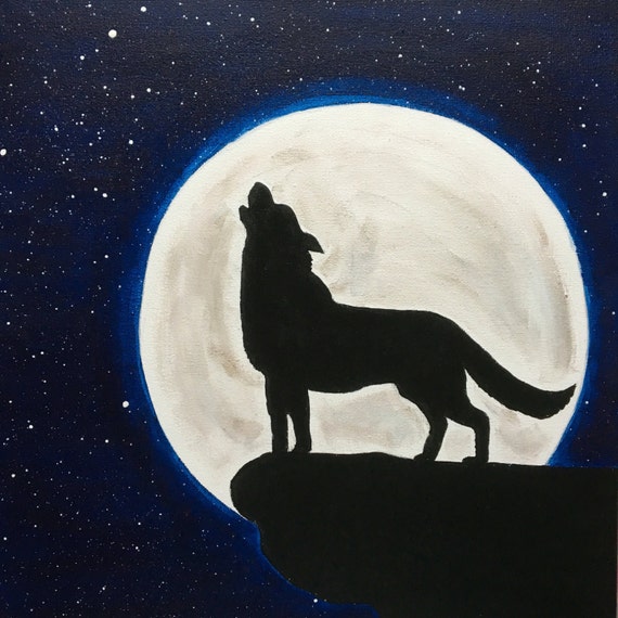 Wolf Painting Howling at the Moon Stars Night Handmade Acrylic