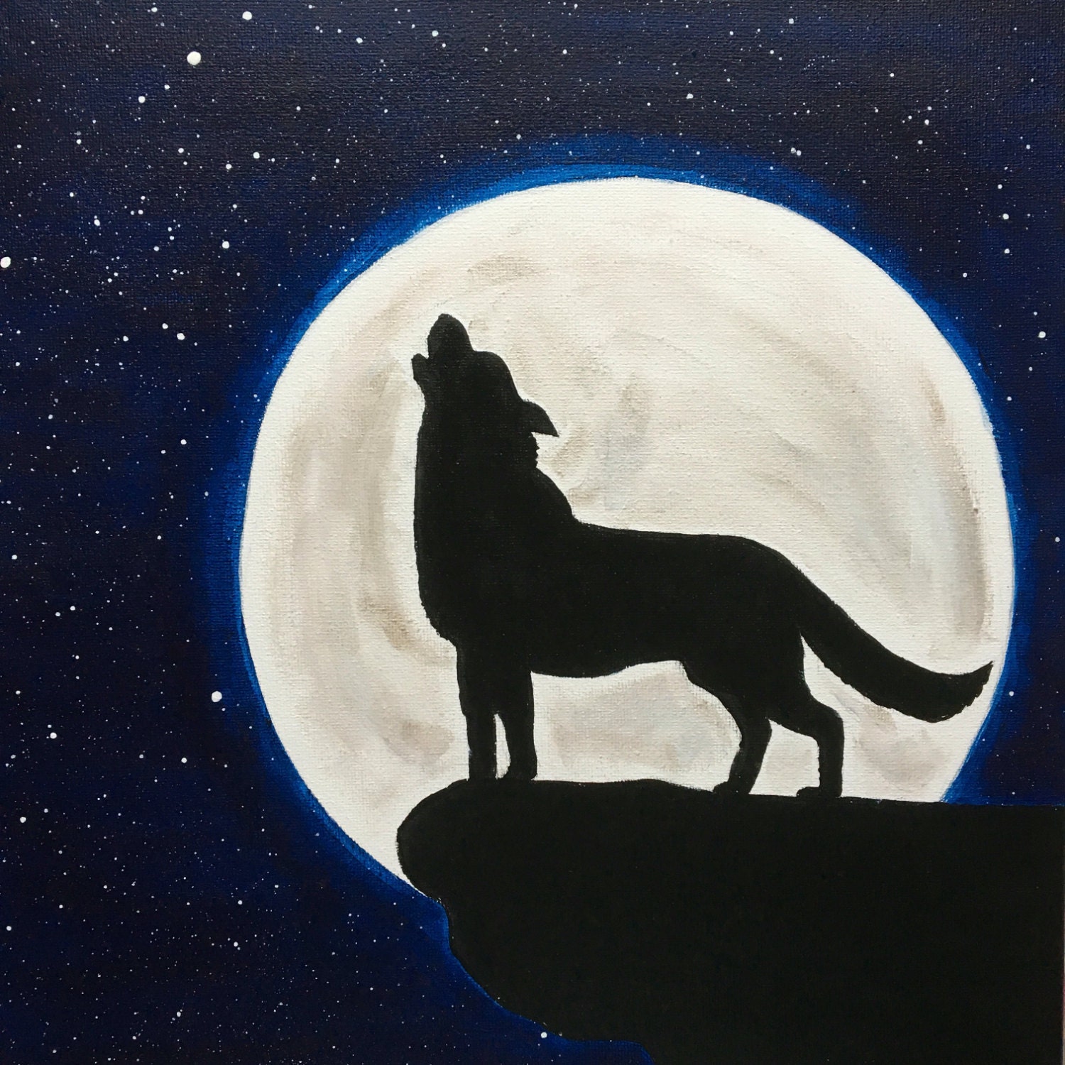 Wolf Painting Howling at the Moon Stars Night Handmade Acrylic