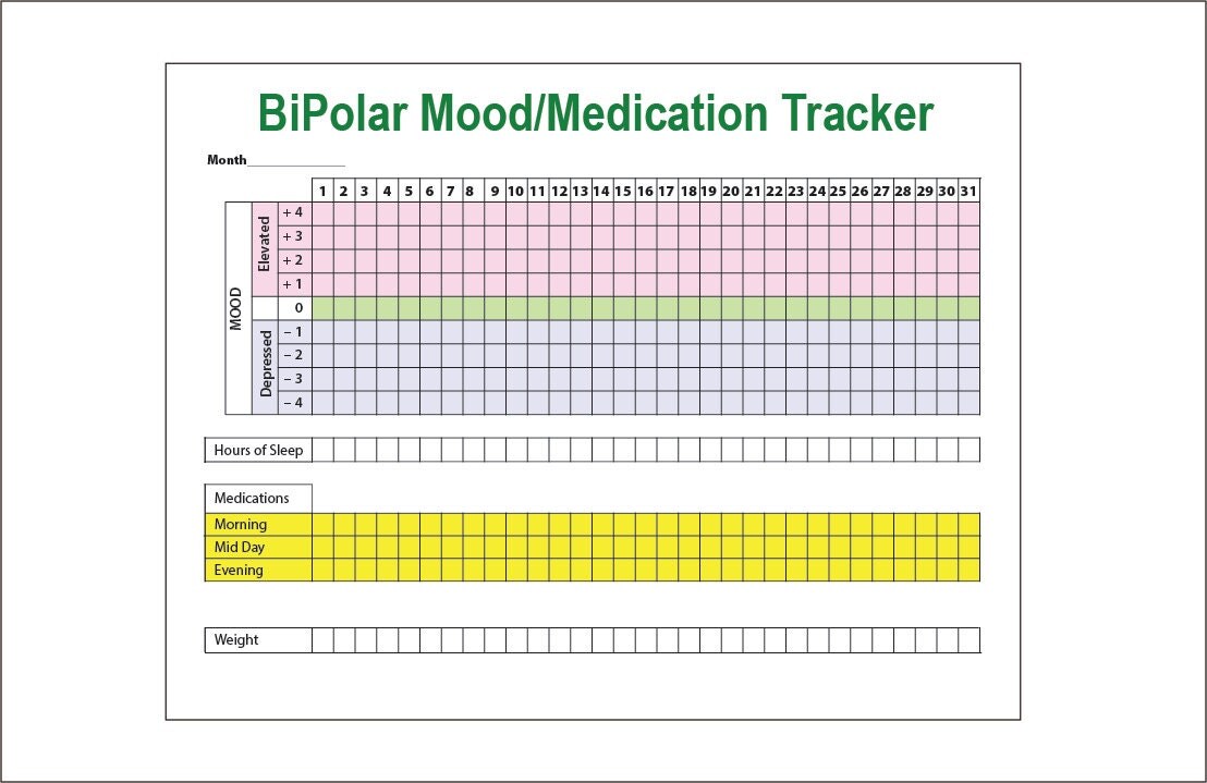 Printable Bipolar & Other Depression Tracker Monthly Mood