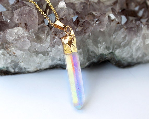 Opal Aura Quartz Pendant Necklace Aurora Druzy Necklace Gold
