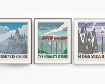 Harry Potter poster set. Printable set collection. Retro travel poster. Inspired movie. Christmas art gift. Downloadable art. Kids room deco