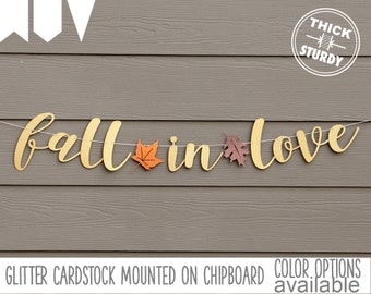 Fall in Love banner, gold glitter party decorations, cursive banner