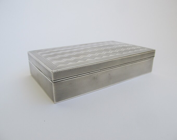 Silver Jewelry box, Art Deco 935 sterling silver+ desktop business card case, cigarette box, trinket box, chevron engine engraving