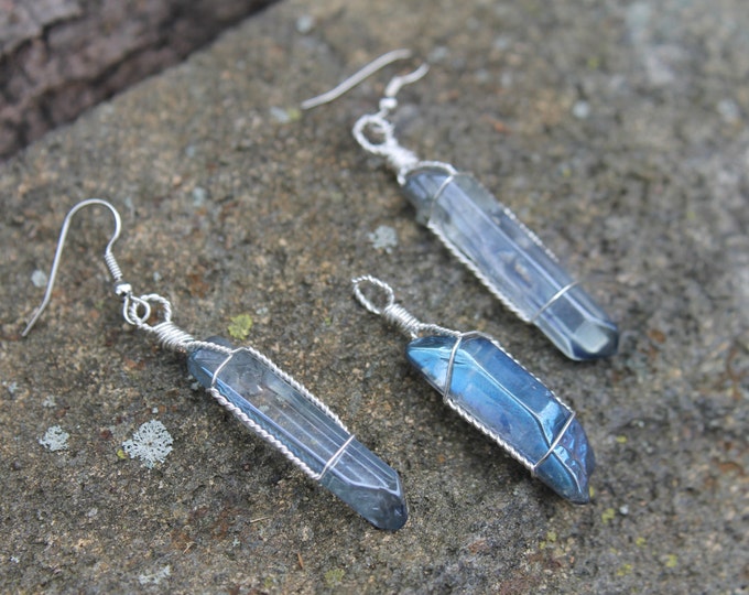 Aqua Aura Quartz Crystal Tip Earrings and Pendant Set Twisted Silver Wire Wrap; Jewelry Set, Blue Stone Jewellery, Boho Hippie Gift for Her