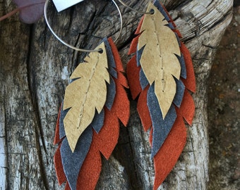 Layered Leather Feather Earrings