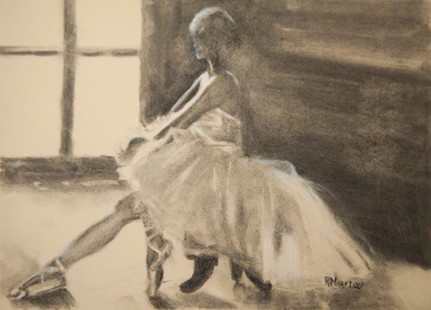 Impressioinist Ballerina Charcoal Drawing Seated Dancer