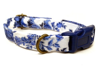 The Royals - White Blue Vintage Floral Shabby Chic Girl Organic Cotton CAT Collar - All Antique Brass Hardware