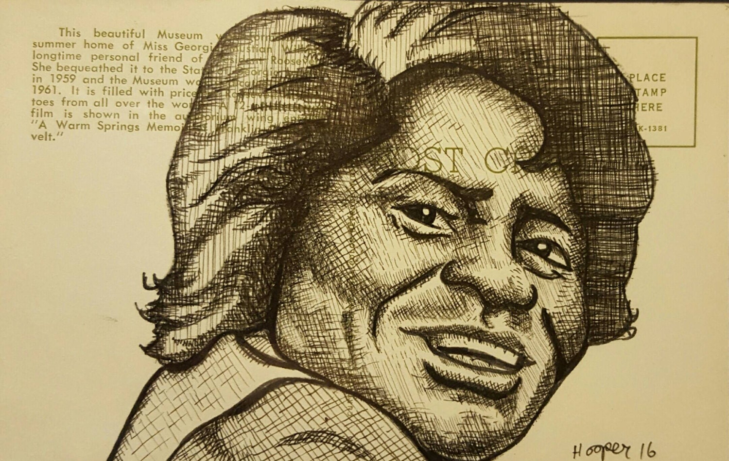 James Brown Original ink drawing on vintage post card by Mr