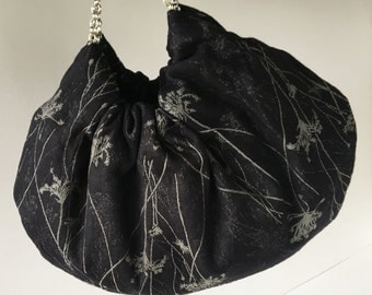 Queen Anne's Lace Handbag with Silver Chain Handles - Handmade Charcoal Hobo Purse - Ready to Ship