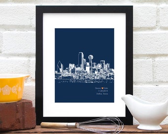Dallas City Skyline, Dallas skyline art, Personalized Engagement Gift, Dallas Texas, Personalized First Anniversary Gift, Wedding Art - 8x10