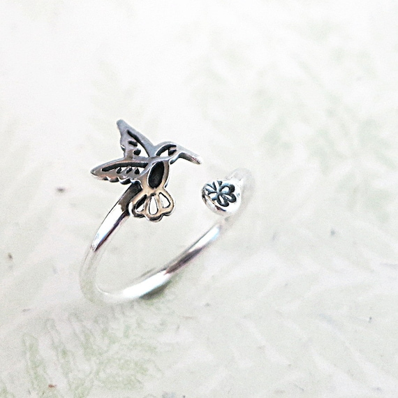 Bird ring Sterling Silver Hummingbird flower adjustable