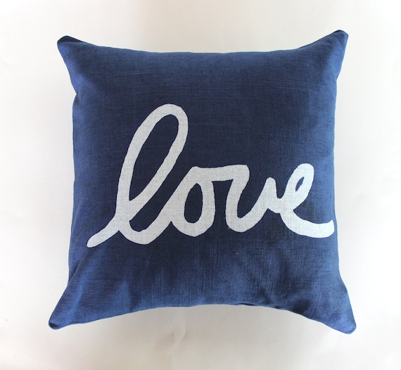 Navy Blue and White Throw Pillow / Blue and Gold Love Pillow