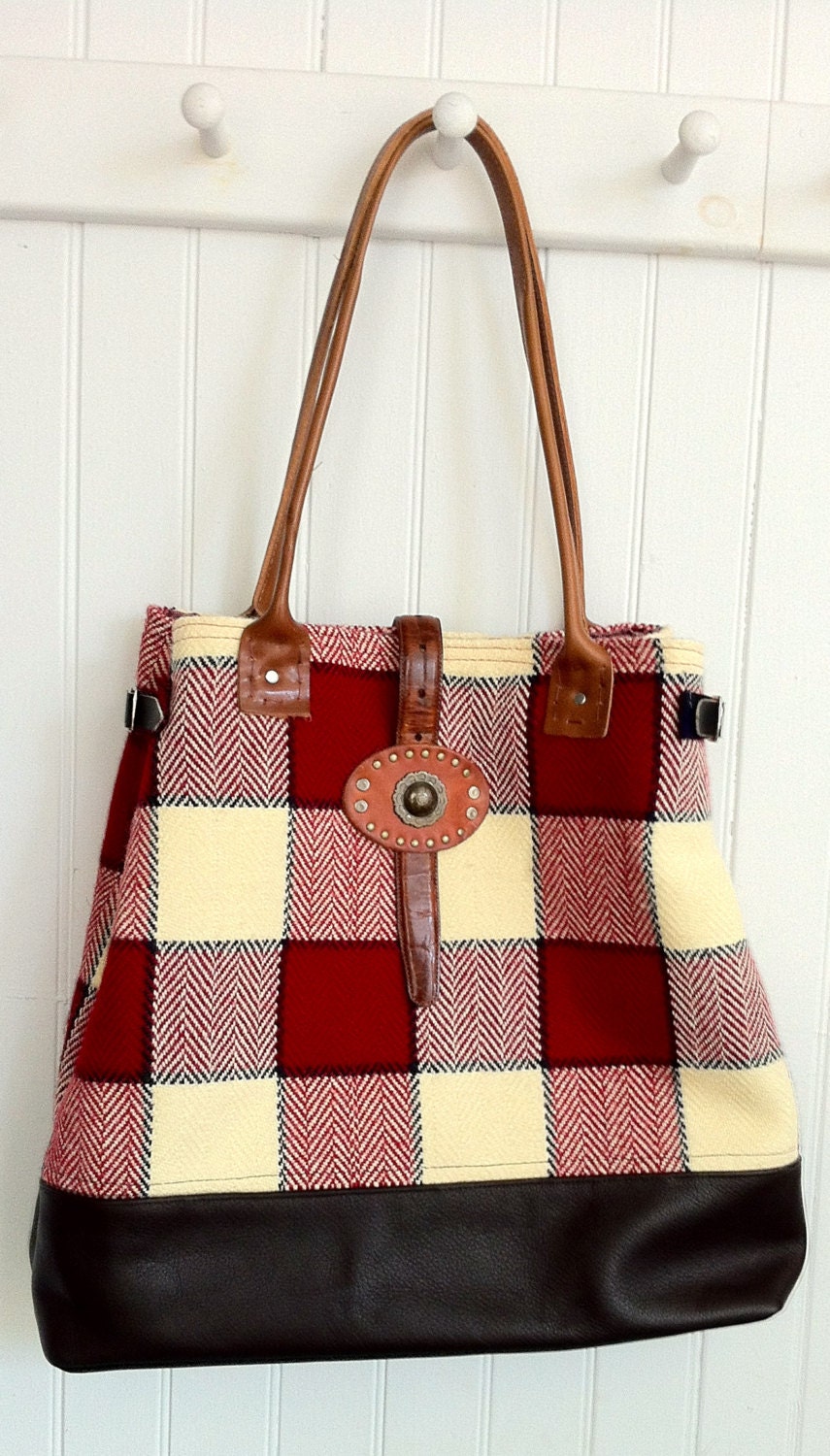Upcycled Red Plaid Wool Blanket Tote
