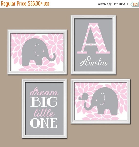 Pink Gray Nursery Girl Elephant Nursery Wall Art Baby by TRMdesign