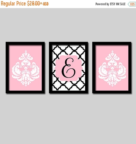 Pink Black Wall Art Monogram Wall Art Damask Wall Art by TRMdesign