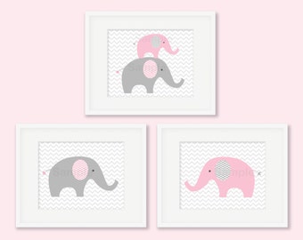 Cute Elephant Nursery Wall Art / Pink Elephant Nursery Art / Chevron Pattern / Pink & Grey / PRINTABLE Instant Download