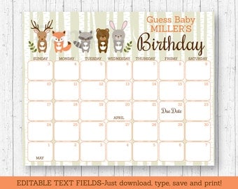 Woodland Animal Birthday Predictions Calendar / Woodland Baby Shower / Baby Shower Game / Due Date Calendar / INSTANT DOWNLOAD Editable PDF