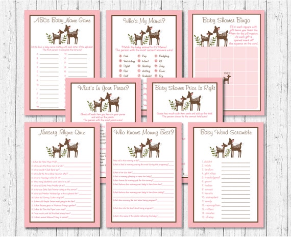 8 Printable Games Pink Willow Deer Baby Shower Games Pack