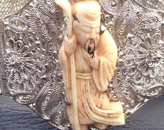 1940 Chinese Polychrome Carved Bone Bracelet