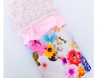 NEW STYLE BLANKET / lovely floral satin print minky dimples and trim / Gorgeous and unique design / Great baby gift