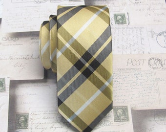 Mens Tie. Skinny Ties. Yellow Gold and Brown Plaid Skinny Necktie