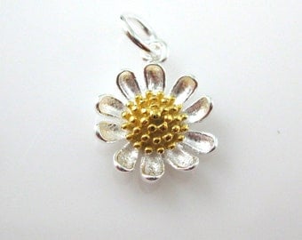 Sterling Silver Charms- Sunflower Charm, Vermeil Charms-Sterling Silver Sunflower Charm- Two Tone Charm-Flower Pendant-(1 pc )-SKU: 201224