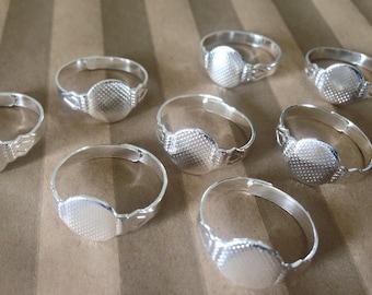 50 Shiny Silver Plated 10mm Rings Blanks Base Jewelry Glue On Finding Supplies Adjustable DIY
